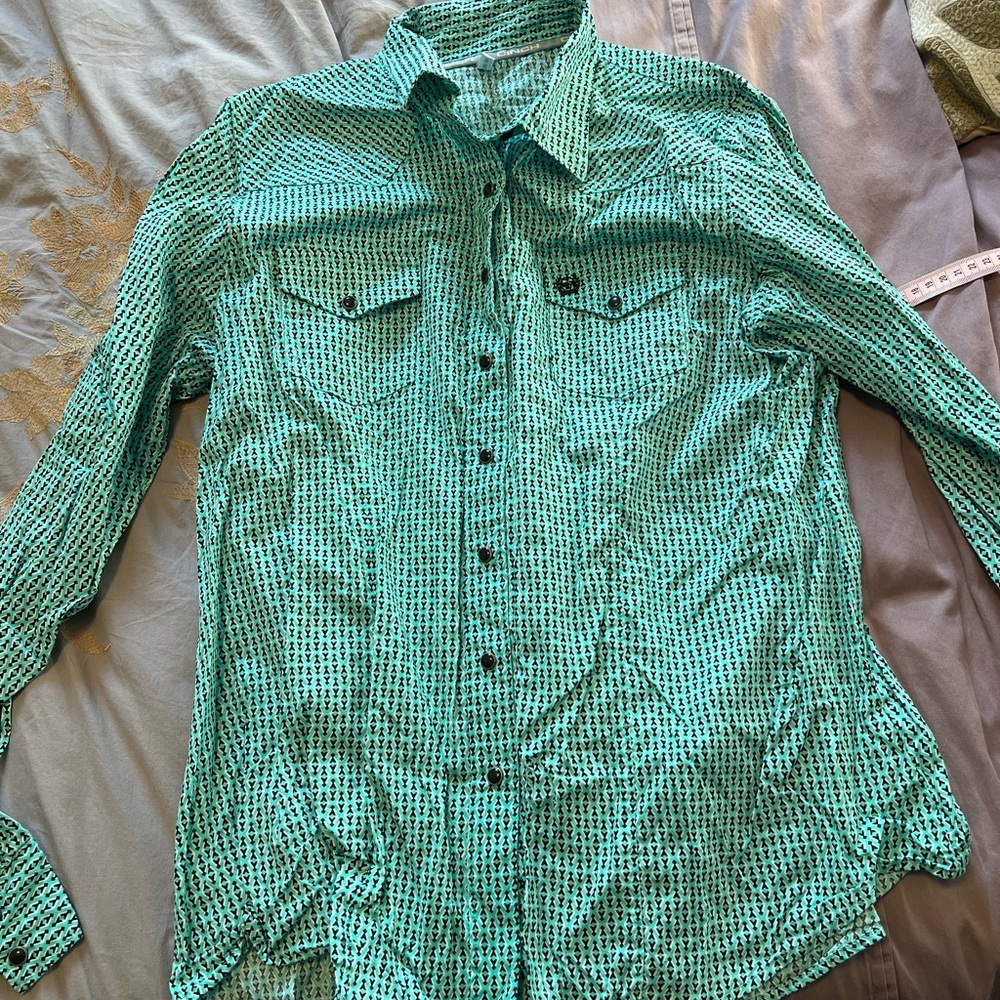 Cinch Teal and Black Patterned Show Shirt: Snap buttons